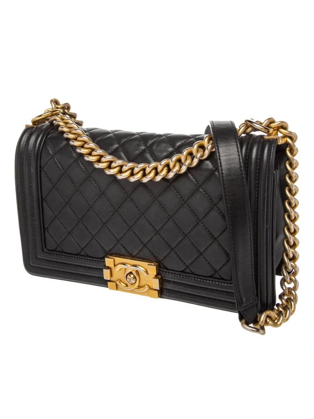CHANEL Black Quilted Boy Shoulder Bag with Gold Hardware